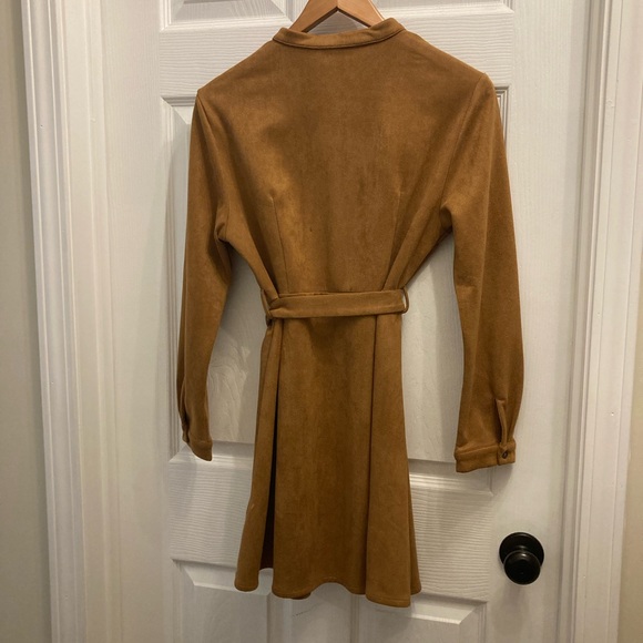 NWT Faux Suede Allegra K long sleeve belted shirt dress camel size L - Picture 7 of 8
